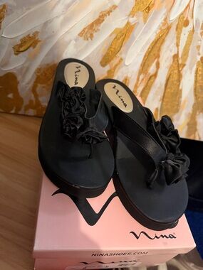 Nina Black Ruffled Toe-Post Wedge Sandals